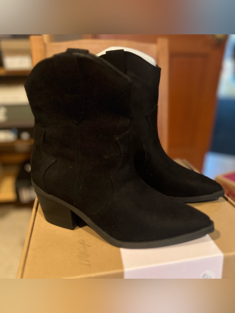 Journee Collection Black Suede Western-Inspired Ankle Booties